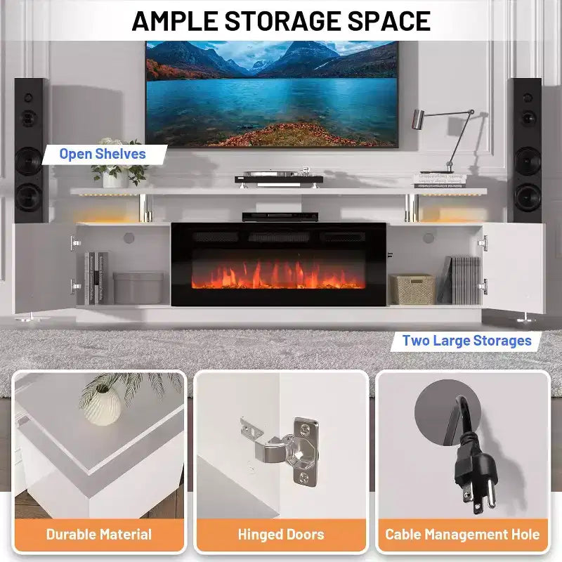 70" Electric Fireplace TV Stand with LED Light and Storage Cabinet