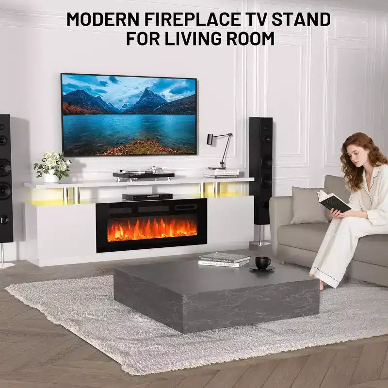 70" Electric Fireplace TV Stand with LED Light and Storage Cabinet