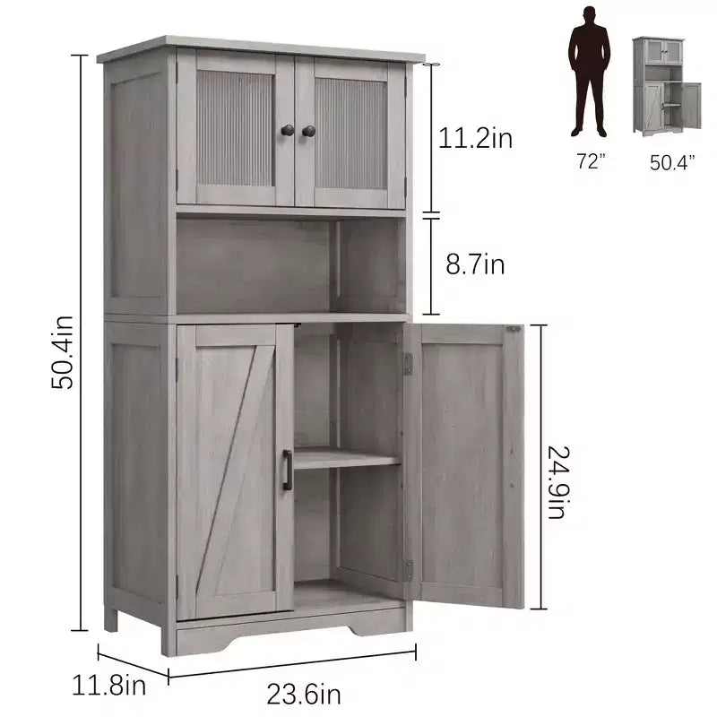 Farmhouse Storage Cabinet with Glass Doors and Adjustable Shelves – Freestanding Floor Cabinet for Bathroom, Kitchen, or Living Room