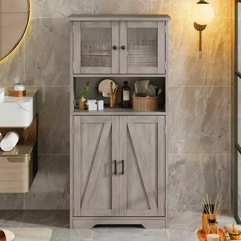 Farmhouse Storage Cabinet with Glass Doors and Adjustable Shelves – Freestanding Floor Cabinet for Bathroom, Kitchen, or Living Room