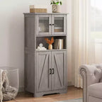 Farmhouse Storage Cabinet with Glass Doors and Adjustable Shelves – Freestanding Floor Cabinet for Bathroom, Kitchen, or Living Room