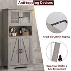 Farmhouse Storage Cabinet with Glass Doors and Adjustable Shelves – Freestanding Floor Cabinet for Bathroom, Kitchen, or Living Room