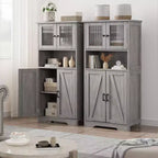 Farmhouse Storage Cabinet with Glass Doors and Adjustable Shelves – Freestanding Floor Cabinet for Bathroom, Kitchen, or Living Room
