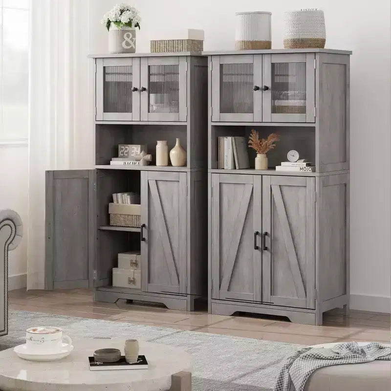 Farmhouse Storage Cabinet with Glass Doors and Adjustable Shelves – Freestanding Floor Cabinet for Bathroom, Kitchen, or Living Room