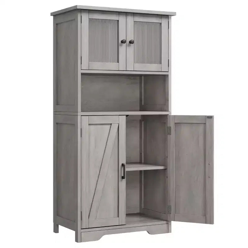 Farmhouse Storage Cabinet with Glass Doors and Adjustable Shelves – Freestanding Floor Cabinet for Bathroom, Kitchen, or Living Room
