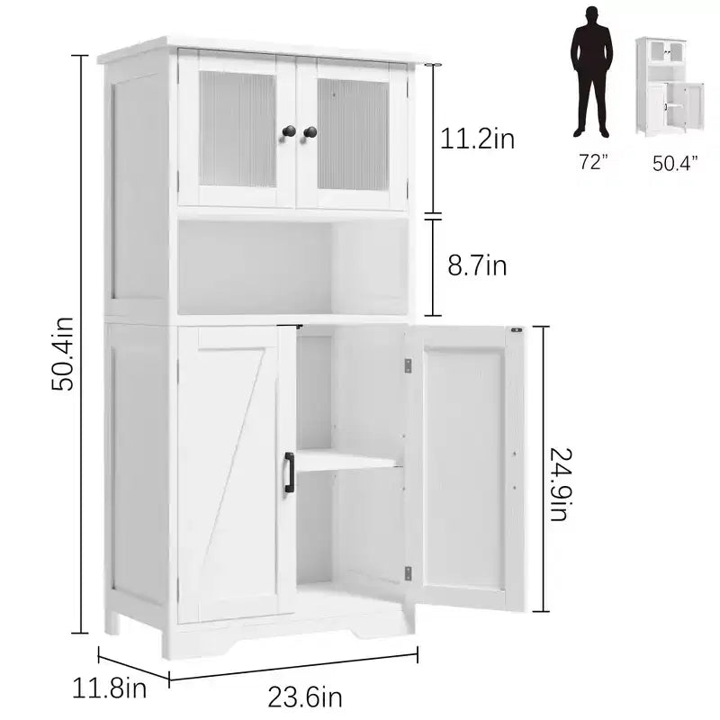 Farmhouse Storage Cabinet with Glass Doors and Adjustable Shelves – Freestanding Floor Cabinet for Bathroom, Kitchen, or Living Room
