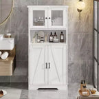 Farmhouse Storage Cabinet with Glass Doors and Adjustable Shelves – Freestanding Floor Cabinet for Bathroom, Kitchen, or Living Room