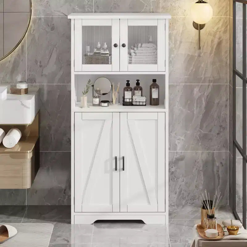 Farmhouse Storage Cabinet with Glass Doors and Adjustable Shelves – Freestanding Floor Cabinet for Bathroom, Kitchen, or Living Room