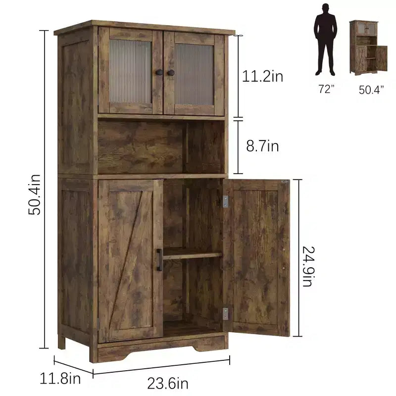 Farmhouse Storage Cabinet with Glass Doors and Adjustable Shelves – Freestanding Floor Cabinet for Bathroom, Kitchen, or Living Room