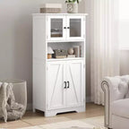 Farmhouse Storage Cabinet with Glass Doors and Adjustable Shelves – Freestanding Floor Cabinet for Bathroom, Kitchen, or Living Room