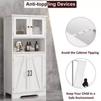 Farmhouse Storage Cabinet with Glass Doors and Adjustable Shelves – Freestanding Floor Cabinet for Bathroom, Kitchen, or Living Room