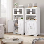 Farmhouse Storage Cabinet with Glass Doors and Adjustable Shelves – Freestanding Floor Cabinet for Bathroom, Kitchen, or Living Room