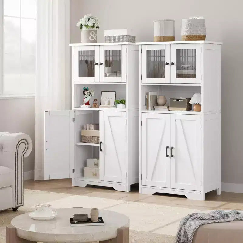 Farmhouse Storage Cabinet with Glass Doors and Adjustable Shelves – Freestanding Floor Cabinet for Bathroom, Kitchen, or Living Room