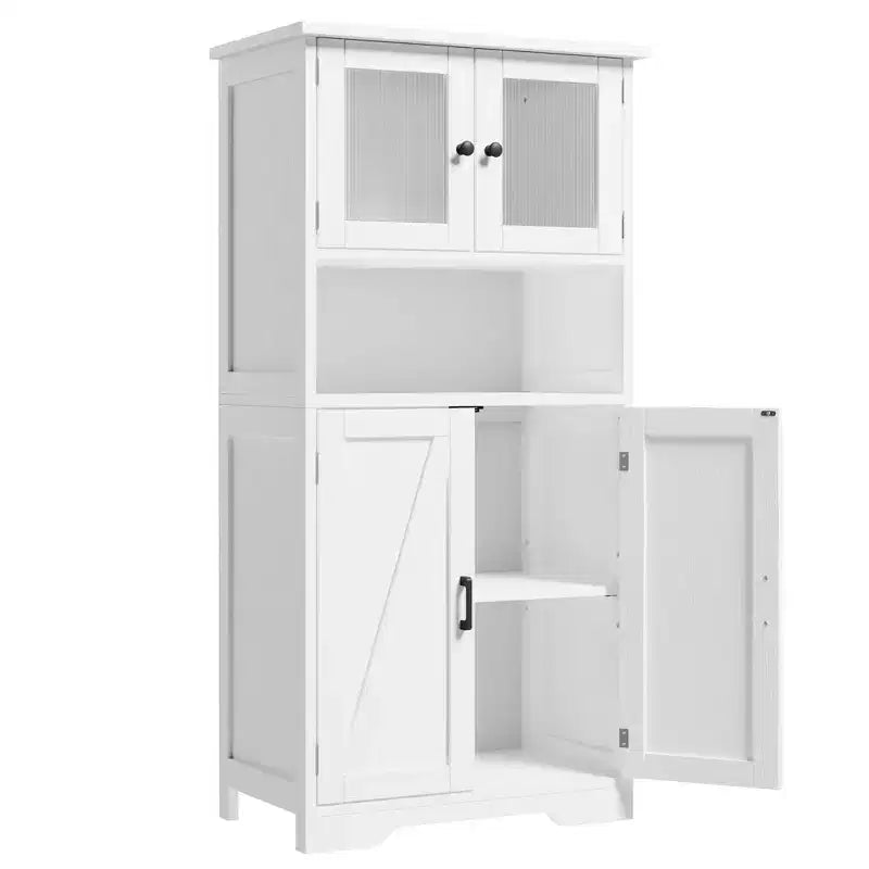 Farmhouse Storage Cabinet with Glass Doors and Adjustable Shelves – Freestanding Floor Cabinet for Bathroom, Kitchen, or Living Room