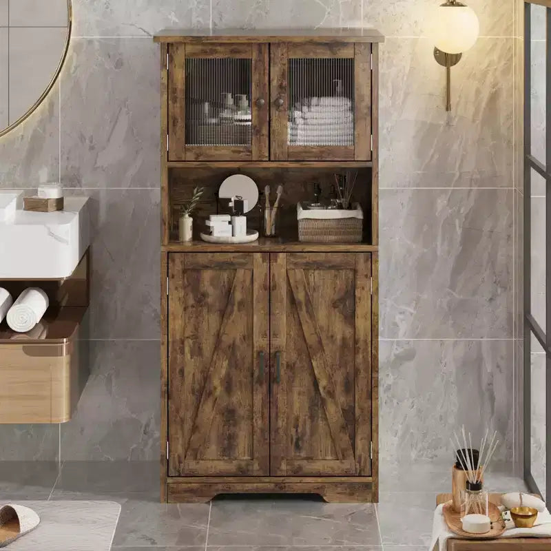Farmhouse Storage Cabinet with Glass Doors and Adjustable Shelves – Freestanding Floor Cabinet for Bathroom, Kitchen, or Living Room