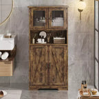 Farmhouse Storage Cabinet with Glass Doors and Adjustable Shelves – Freestanding Floor Cabinet for Bathroom, Kitchen, or Living Room