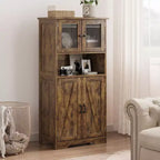 Farmhouse Storage Cabinet with Glass Doors and Adjustable Shelves – Freestanding Floor Cabinet for Bathroom, Kitchen, or Living Room