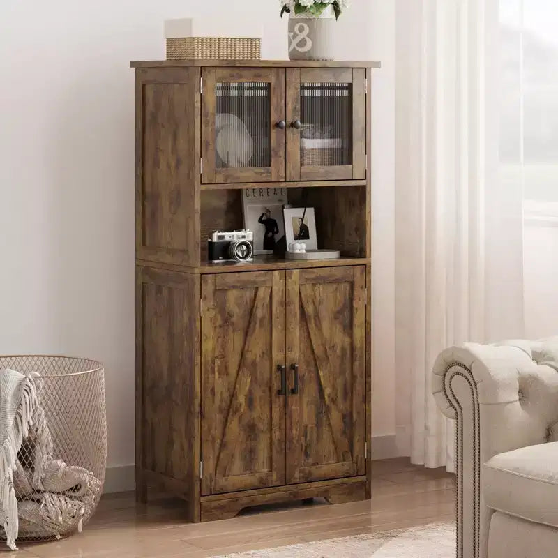 Farmhouse Storage Cabinet with Glass Doors and Adjustable Shelves – Freestanding Floor Cabinet for Bathroom, Kitchen, or Living Room