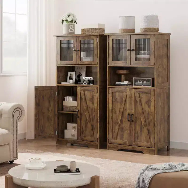Farmhouse Storage Cabinet with Glass Doors and Adjustable Shelves – Freestanding Floor Cabinet for Bathroom, Kitchen, or Living Room