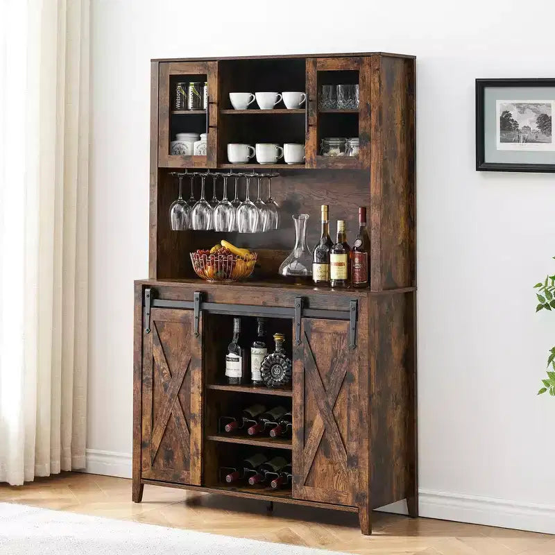 Farmhouse Storage Cabinet with Glass Doors and Adjustable Shelves – Freestanding Floor Cabinet for Bathroom, Kitchen, or Living Room