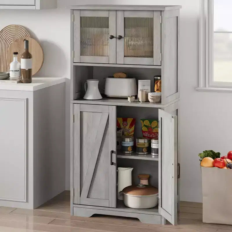 Farmhouse Storage Cabinet with Glass Doors and Adjustable Shelves – Freestanding Floor Cabinet for Bathroom, Kitchen, or Living Room