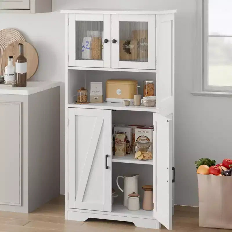Farmhouse Storage Cabinet with Glass Doors and Adjustable Shelves – Freestanding Floor Cabinet for Bathroom, Kitchen, or Living Room