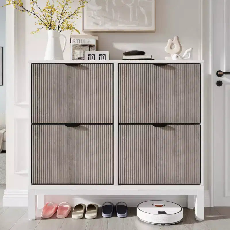 Narrow Fluted Shoe Cabinet with 4 Flip Drawers