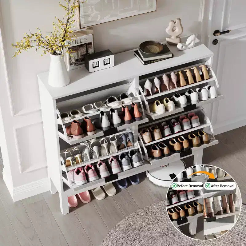 Narrow Fluted Shoe Cabinet with 4 Flip Drawers