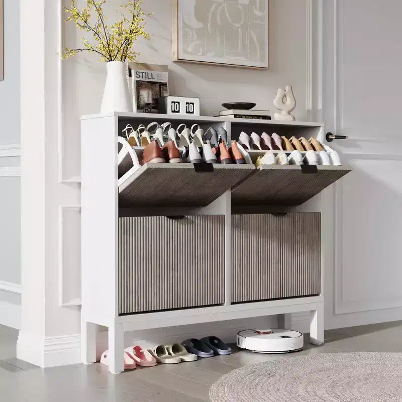 Narrow Fluted Shoe Cabinet with 4 Flip Drawers
