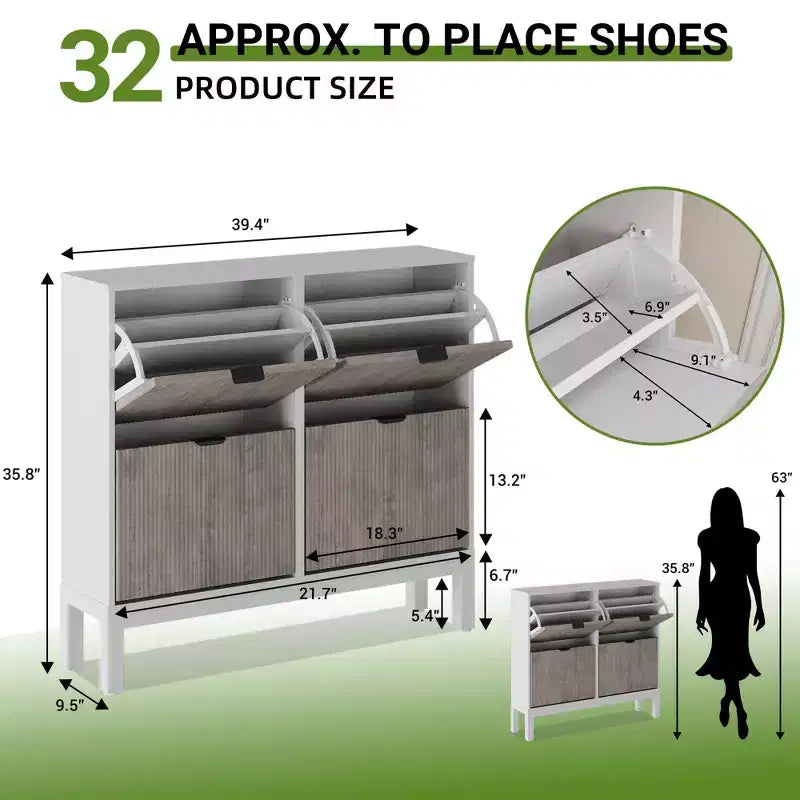 Narrow Fluted Shoe Cabinet with 4 Flip Drawers