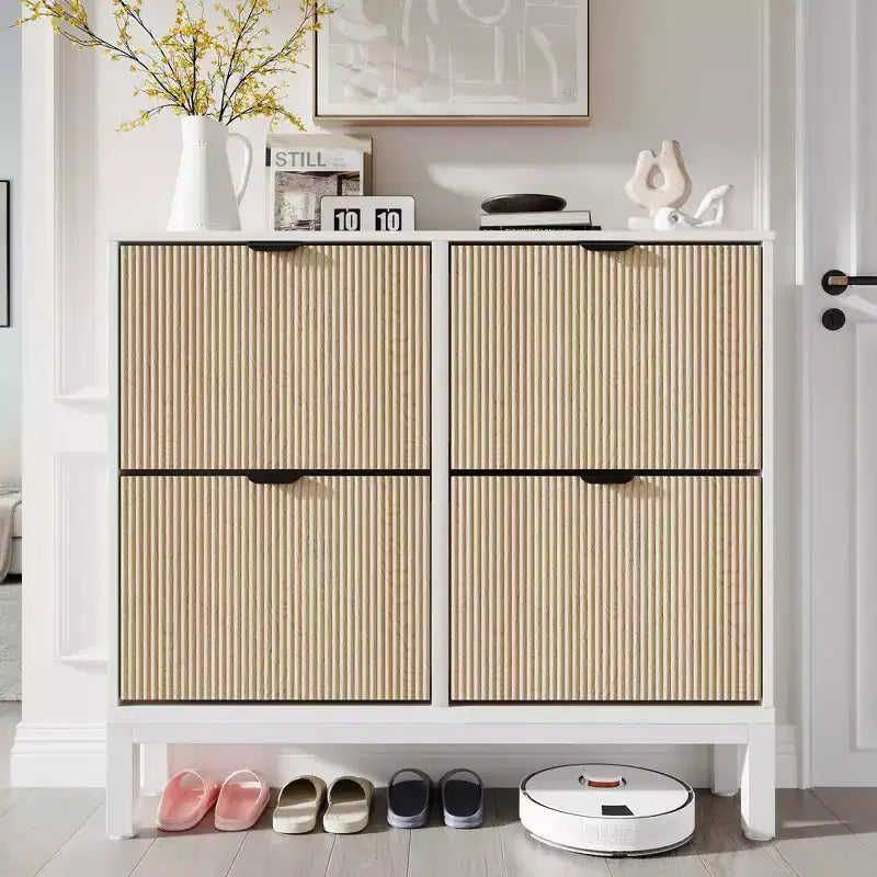 Narrow Fluted Shoe Cabinet with 4 Flip Drawers