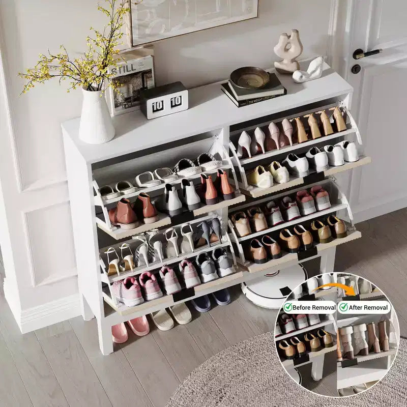 Narrow Fluted Shoe Cabinet with 4 Flip Drawers