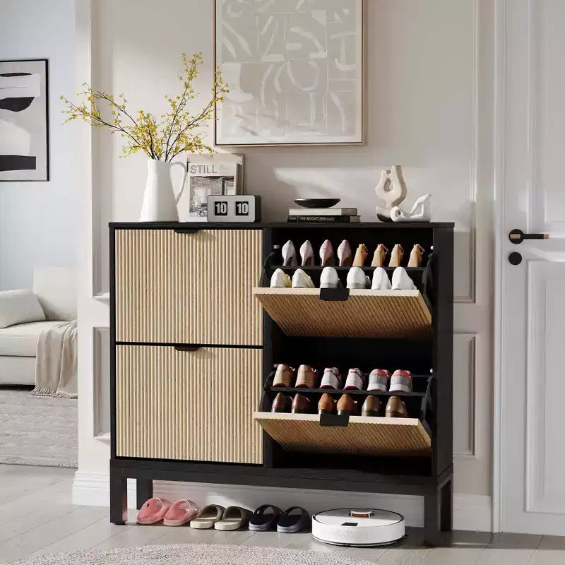 Narrow Fluted Shoe Cabinet with 4 Flip Drawers