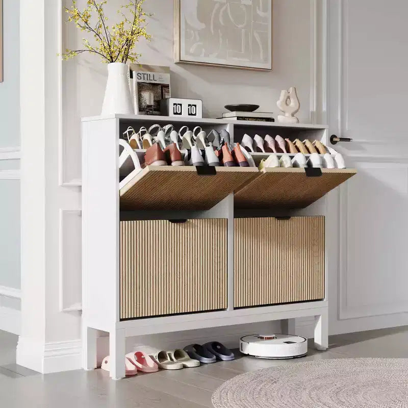 Narrow Fluted Shoe Cabinet with 4 Flip Drawers