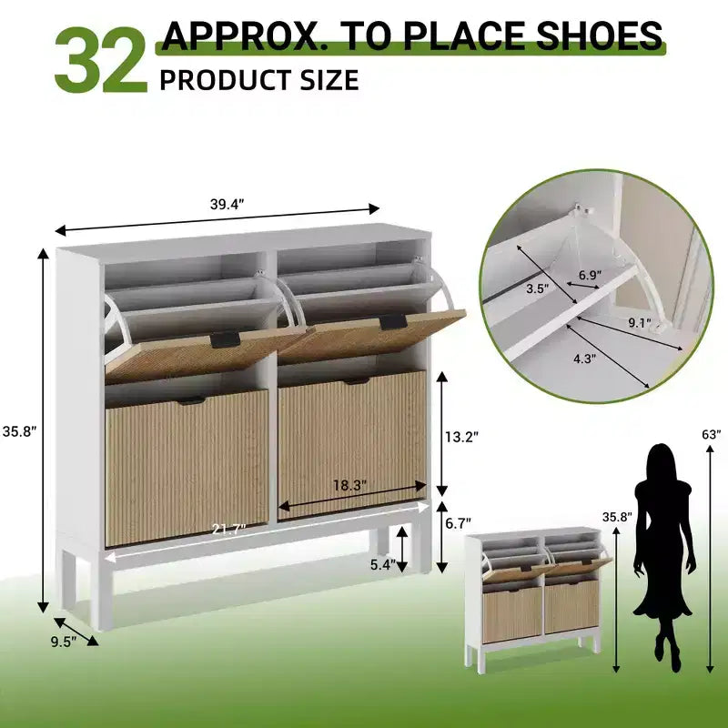 Narrow Fluted Shoe Cabinet with 4 Flip Drawers