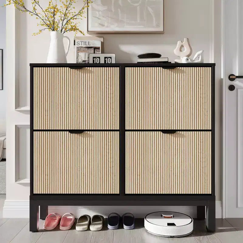 Narrow Fluted Shoe Cabinet with 4 Flip Drawers
