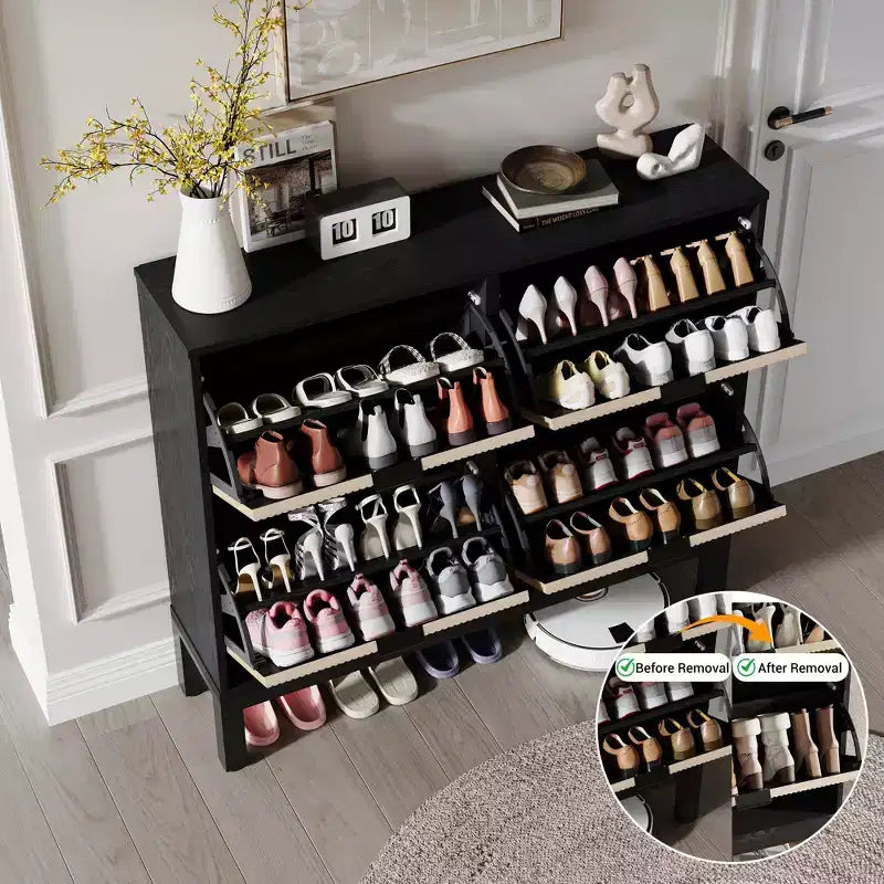 Narrow Fluted Shoe Cabinet with 4 Flip Drawers