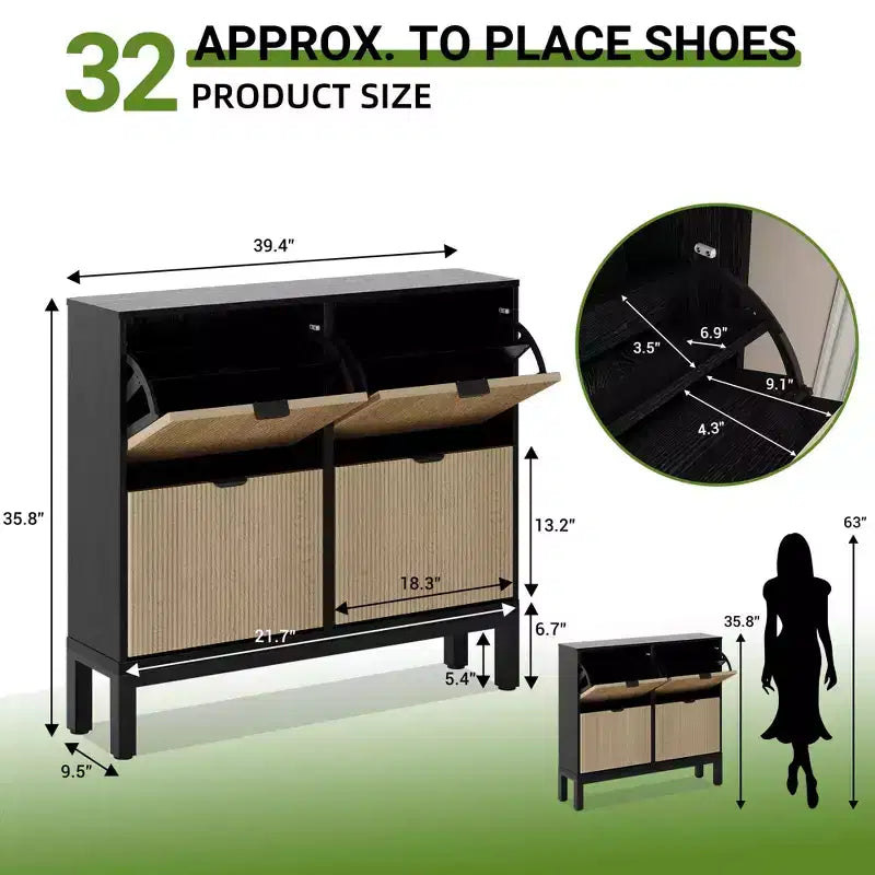 Narrow Fluted Shoe Cabinet with 4 Flip Drawers