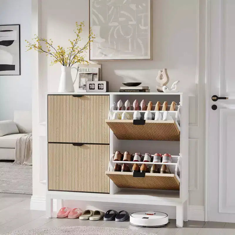 Narrow Fluted Shoe Cabinet with 4 Flip Drawers