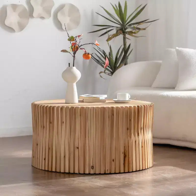 Round Wood Coffee Table with Vertical Textured Design
