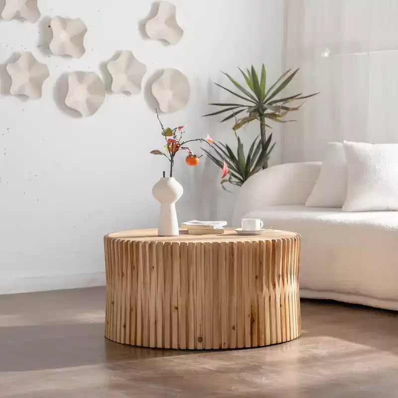 Round Wood Coffee Table with Vertical Textured Design