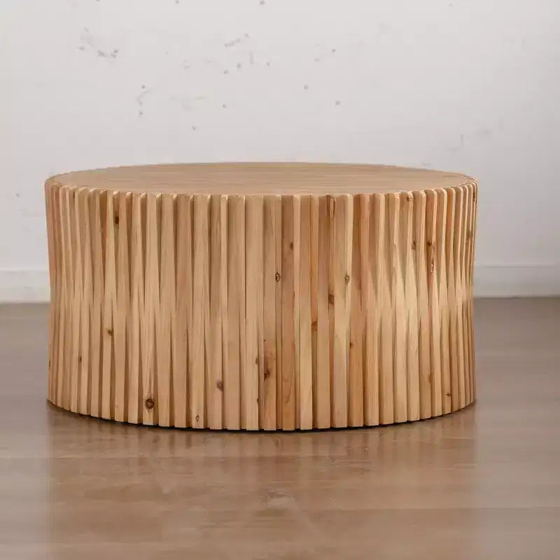 Round Wood Coffee Table with Vertical Textured Design