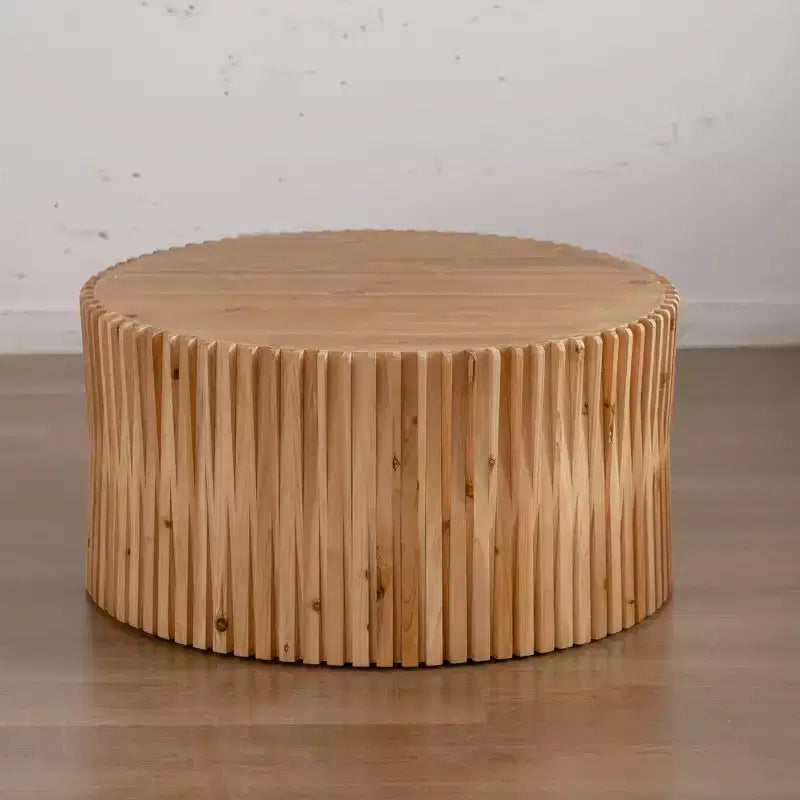 Round Wood Coffee Table with Vertical Textured Design