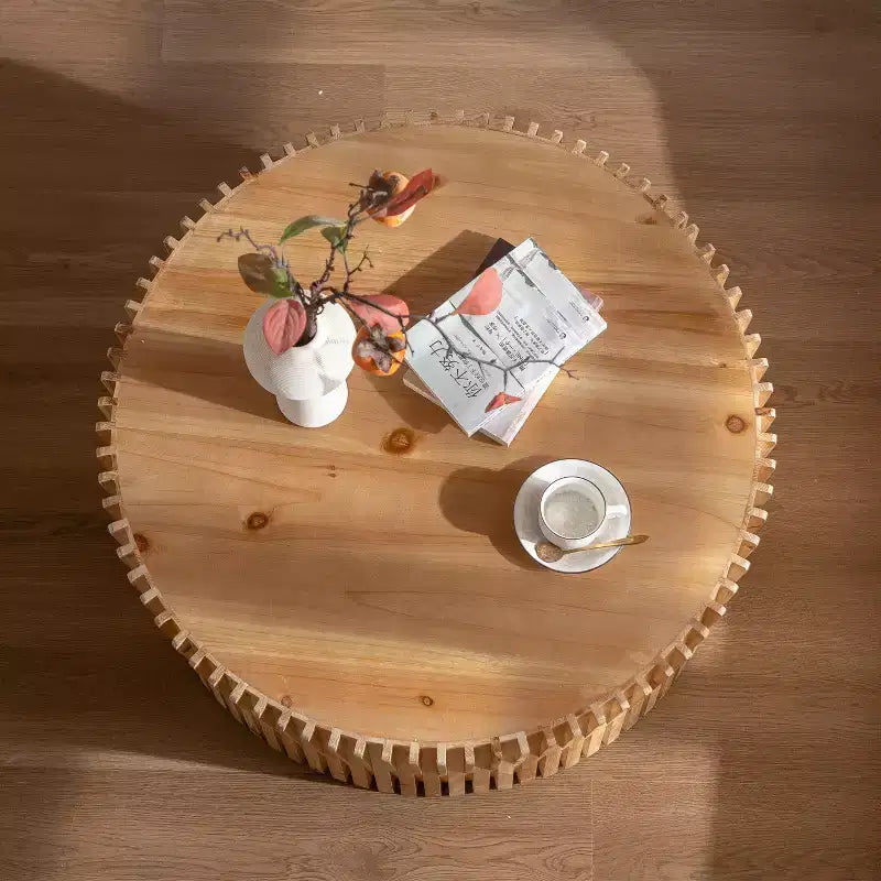 Round Wood Coffee Table with Vertical Textured Design