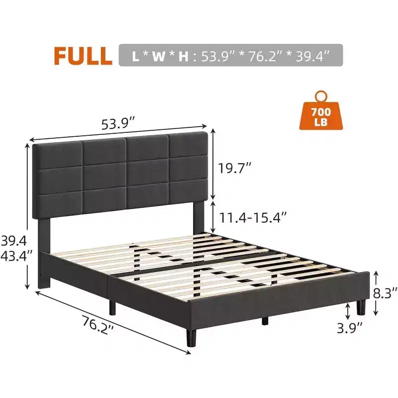 Full Size Platform Bed Frame with Upholstered Headboard and Under-Bed Storage, Gray