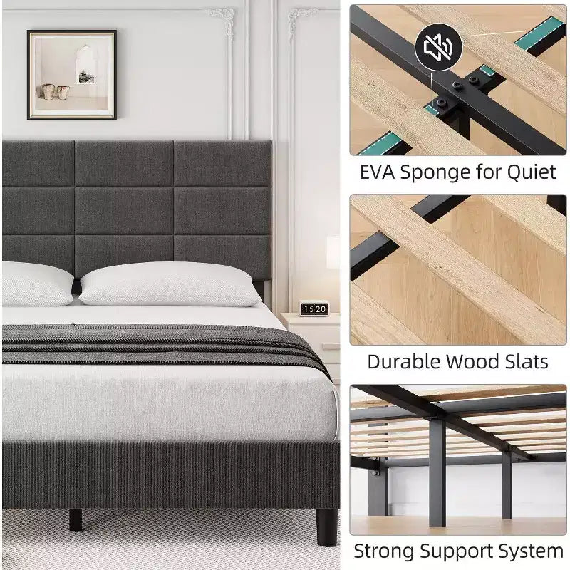 Full Size Platform Bed Frame with Upholstered Headboard and Under-Bed Storage, Gray