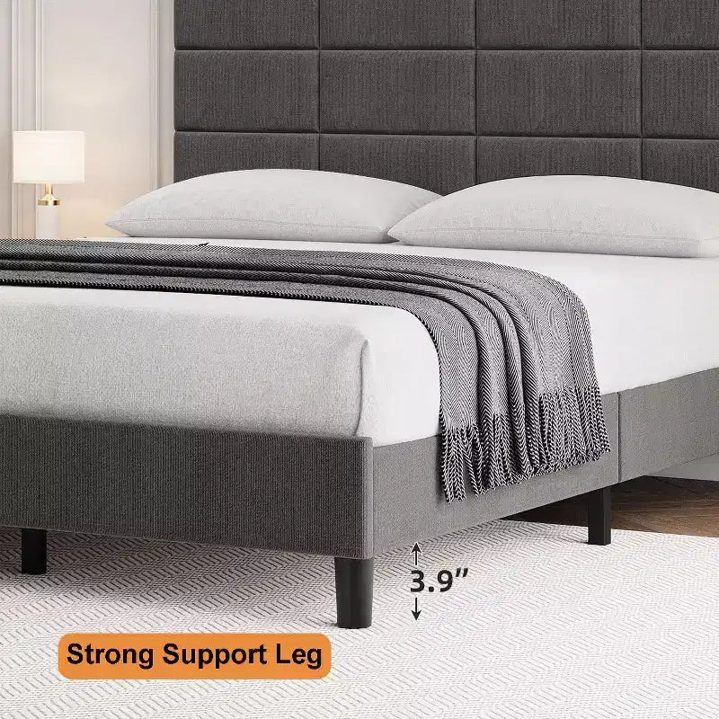 Full Size Platform Bed Frame with Upholstered Headboard and Under-Bed Storage, Gray