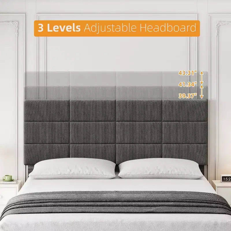Full Size Platform Bed Frame with Upholstered Headboard and Under-Bed Storage, Gray
