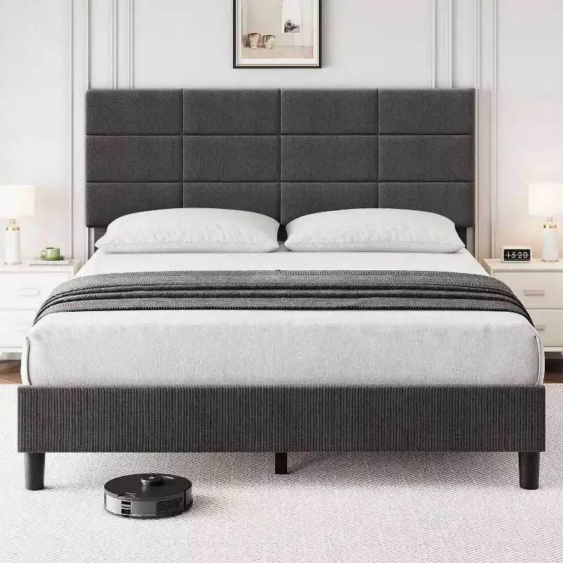 Full Size Platform Bed Frame with Upholstered Headboard and Under-Bed Storage, Gray