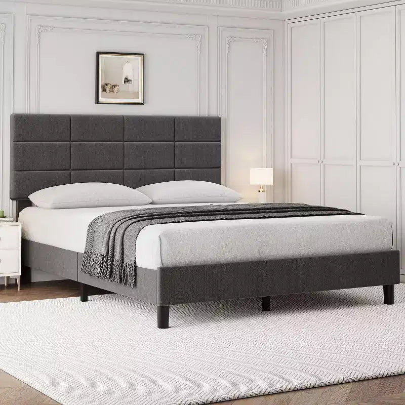 Full Size Platform Bed Frame with Upholstered Headboard and Under-Bed Storage, Gray